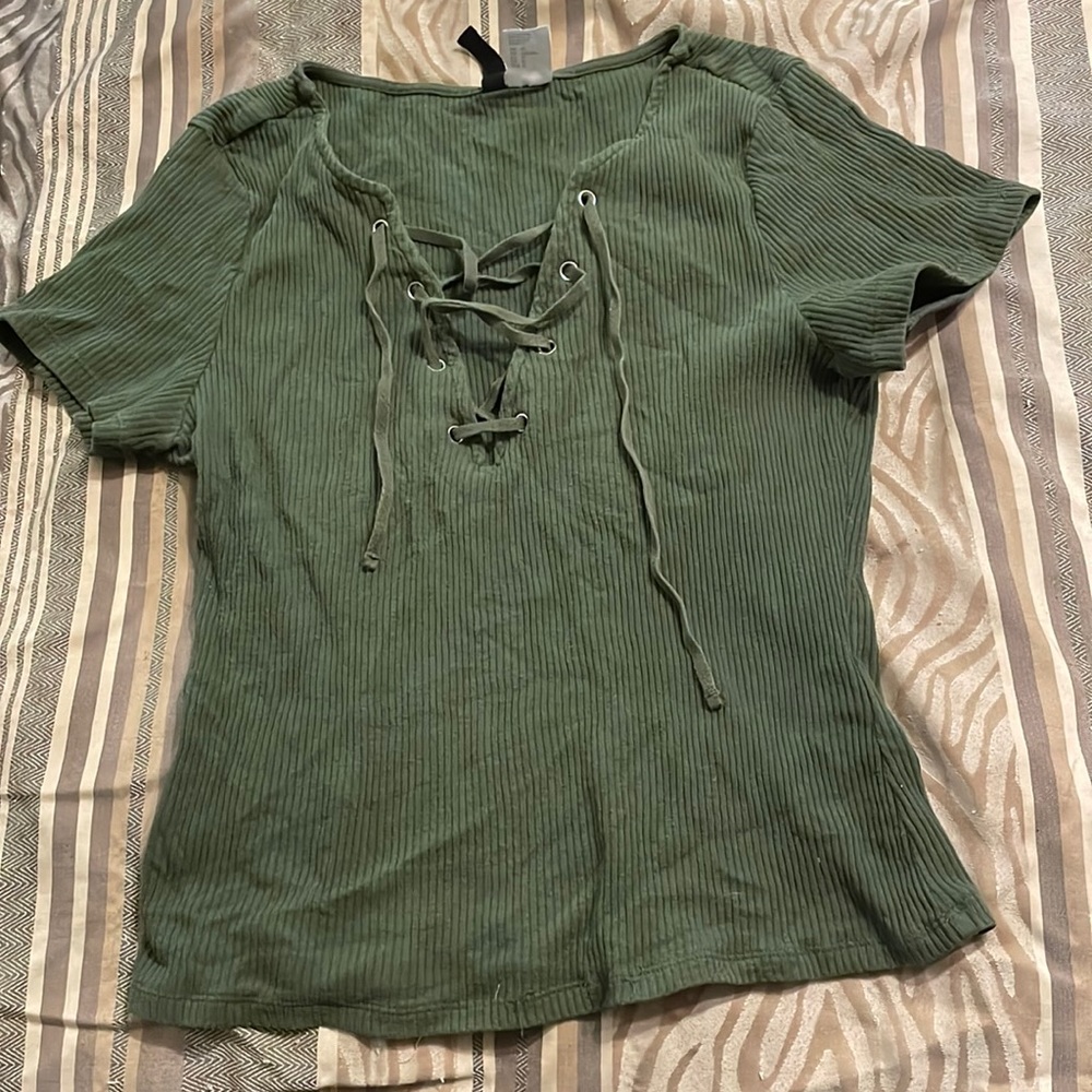 Olive green short sleeve lace up v-neck